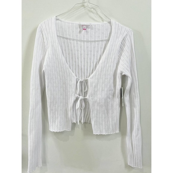New Tie Front White Cardigan Sweater for Juniors (Long Sleeve Patterned) - Picture 1 of 7